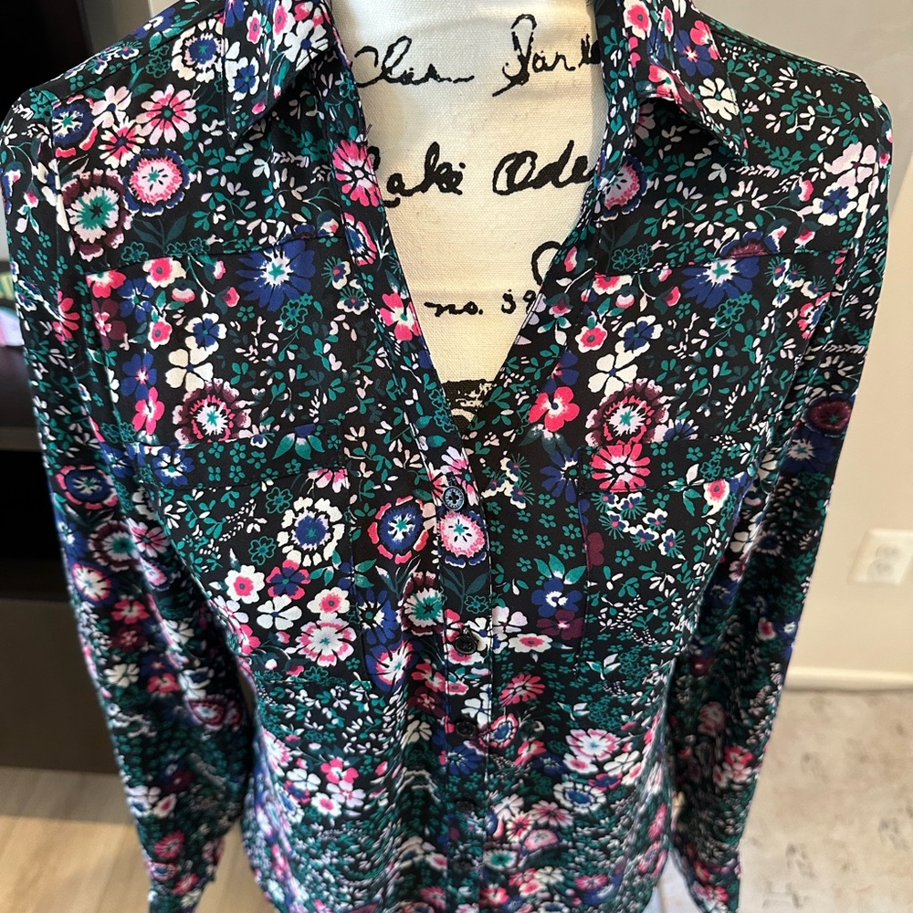 Express Dark Floral Button-Down Shirt in Black, Teal & Pink